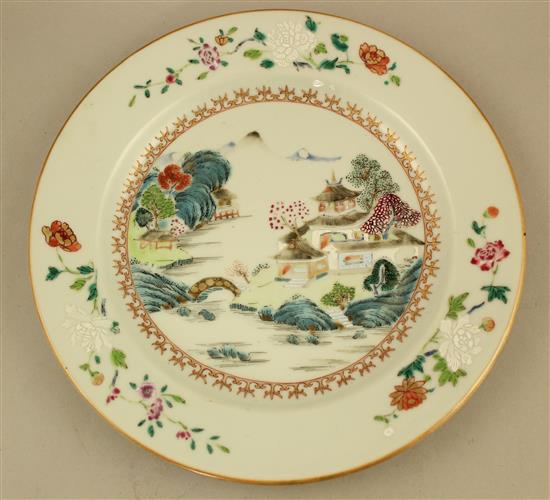 A set of four Chinese famille rose landscape plates, Qianlong period, 23.5cm